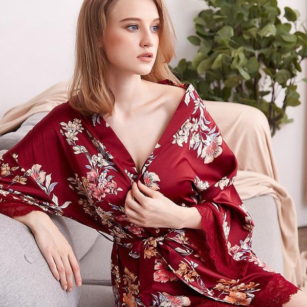 women's sleepwear satin lace flower print wedding kimono robe women bandage bathrobe nightgown fashion female dressing gown, Black;red
women's sleepwear satin lace flower print wedding kimono robe women bandage bathrobe nightgown fashion female dressing gown, Black;red