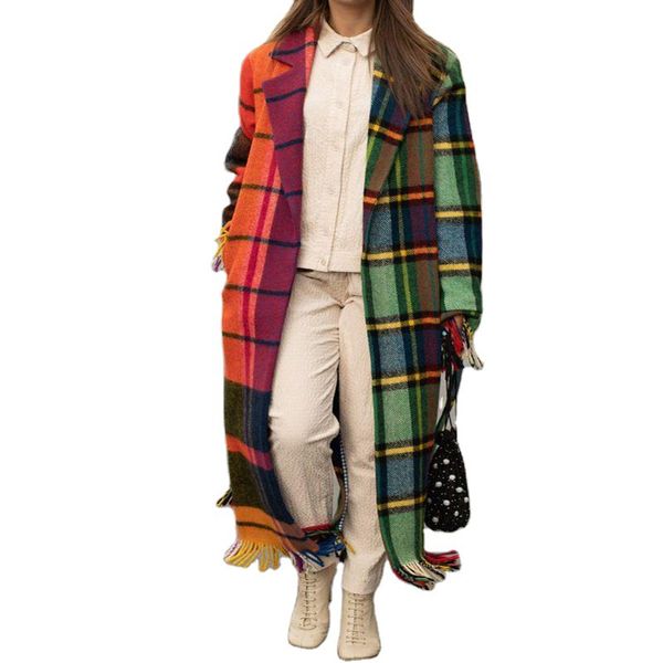 women wool blends coat with tassel plaid print extra long overcoat loose woolen coats office lady outwear jackets streetwear, Black
women wool blends coat with tassel plaid print extra long overcoat loose woolen coats office lady outwear jackets streetwear, Black