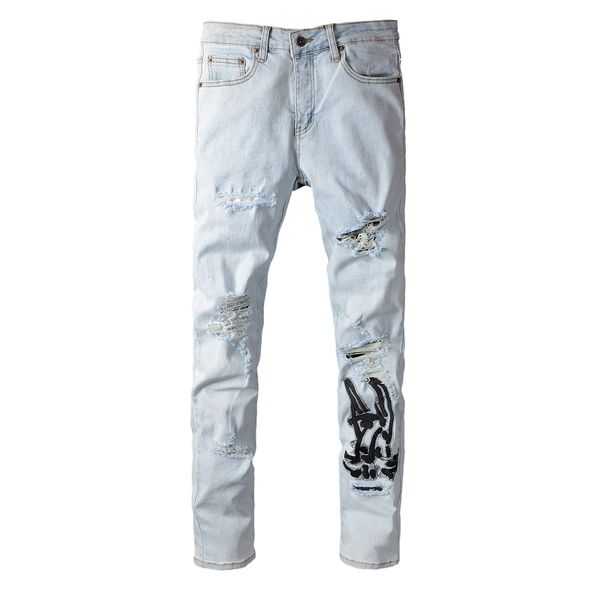 new masculine street brands in the light-colored fashion embroidered knife cut hole stretch thin fit jeans 153 4sin, Blue
new masculine street brands in the light-colored fashion embroidered knife cut hole stretch thin fit jeans 153 4sin, Blue