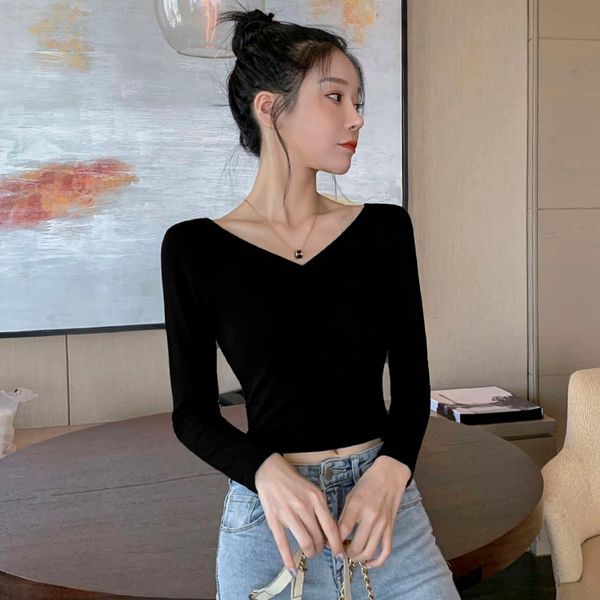 black navel short women's long sleeve v-neck t-shirt open back with bottom coat tight low collar, White
black navel short women's long sleeve v-neck t-shirt open back with bottom coat tight low collar, White