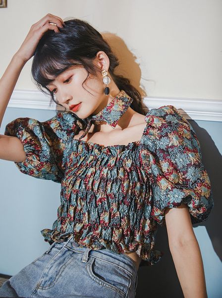 2021 new vintage ruched crop blouse floral print sleeve backless detachable collar square neck ladies fashion ot01, White
2021 new vintage ruched crop blouse floral print sleeve backless detachable collar square neck ladies fashion ot01, White