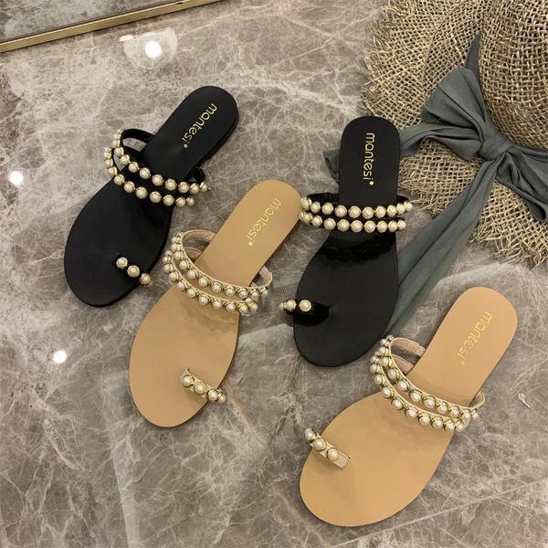 slippers pearl women flat flip flops round toe summer slides female slip on casual shoes 2021 brand, Black 
slippers pearl women flat flip flops round toe summer slides female slip on casual shoes 2021 brand, Black