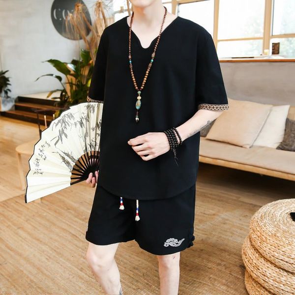 men's tracksuits chinese style linen short-sleeved suit tide embroidery cotton and shorts summer loose thin two-piece, Gray
men's tracksuits chinese style linen short-sleeved suit tide embroidery cotton and shorts summer loose thin two-piece, Gray