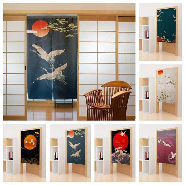 

curtain & drapes japanese traditional cranes painted door kitchen doorway cafe wave red sun carp ukiyo-e pattern