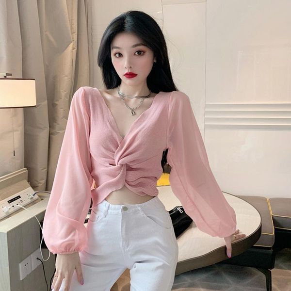 women's t-shirt summer long sleeve thin women v-neck cross knotted exposed navel knitted, White
women's t-shirt summer long sleeve thin women v-neck cross knotted exposed navel knitted, White