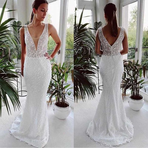 deep v neck wedding dresses full lace sweep train mermaid custom made plus size beach wedding bridal gown robe de mariée, White
deep v neck wedding dresses full lace sweep train mermaid custom made plus size beach wedding bridal gown robe de mariée, White