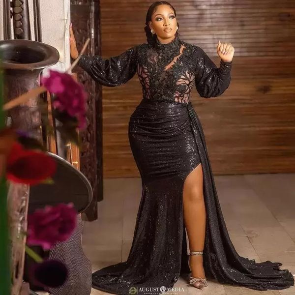2022 black prom dresses long sleeves sparkly sequins high neck lace applique side slit evening party gowns plus size custom made formal occa
2022 black prom dresses long sleeves sparkly sequins high neck lace applique side slit evening party gowns plus size custom made formal occa