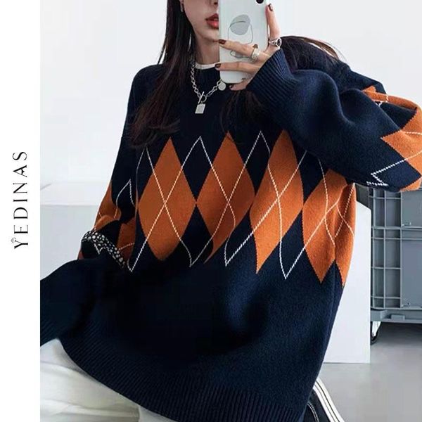 women's sweaters yedinas vintage argyle sweater women long sleeve korean style autumn winter o-neck kint pullover ladies jumpers casual, White;black
women's sweaters yedinas vintage argyle sweater women long sleeve korean style autumn winter o-neck kint pullover ladies jumpers casual, White;black