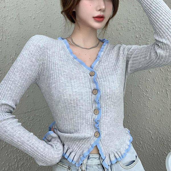 women's blouses & shirts knitted cardigan with wooden ears slim short long sleeve jacket woman colorblock v-neck single-breasted 2021, White
women's blouses & shirts knitted cardigan with wooden ears slim short long sleeve jacket woman colorblock v-neck single-breasted 2021, White