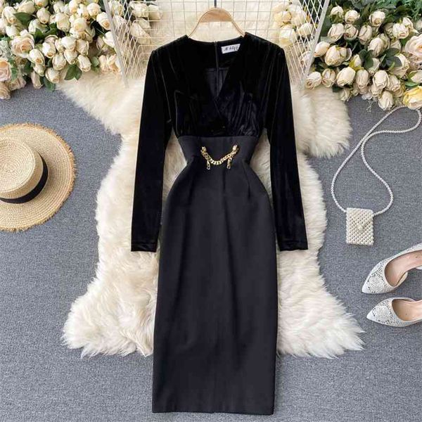 women's autumn winter retro velvet stitching slim over knee dress lady v neck long sleeve elegant vestidos p661 210527, Black;gray
women's autumn winter retro velvet stitching slim over knee dress lady v neck long sleeve elegant vestidos p661 210527, Black;gray