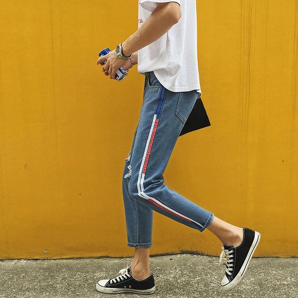 spring autumn 2021 fashion casual denim teenagers street new striped ripped jeans male korean youth beam cropped trousers, Blue
spring autumn 2021 fashion casual denim teenagers street new striped ripped jeans male korean youth beam cropped trousers, Blue