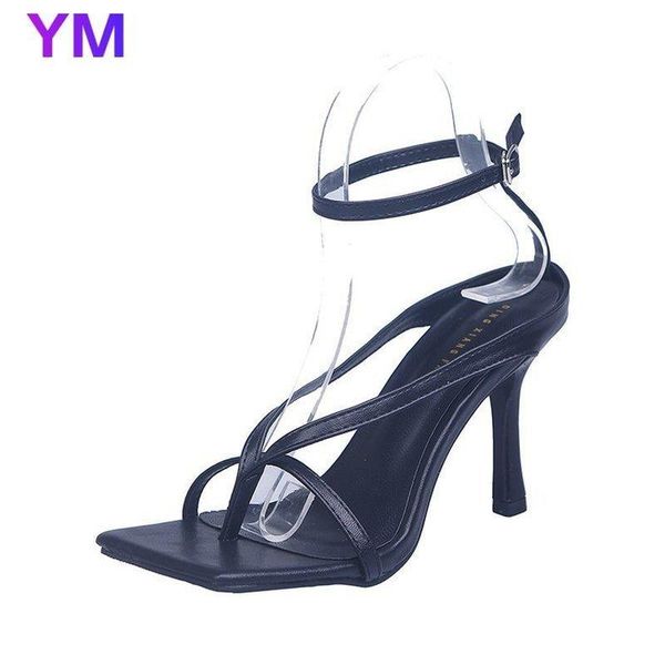 dress shoes summer black women sandals high heels fall street look females square head open toe clip-on strappy