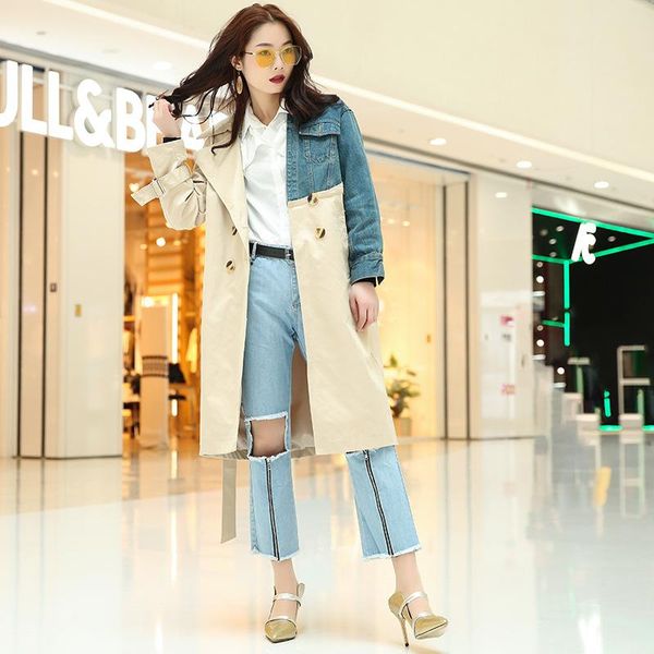 women's trench coats women clothes spring and autumn denim stitching windbreaker long sleeve loose jacket female asymmetric casual coat, Tan;black
women's trench coats women clothes spring and autumn denim stitching windbreaker long sleeve loose jacket female asymmetric casual coat, Tan;black