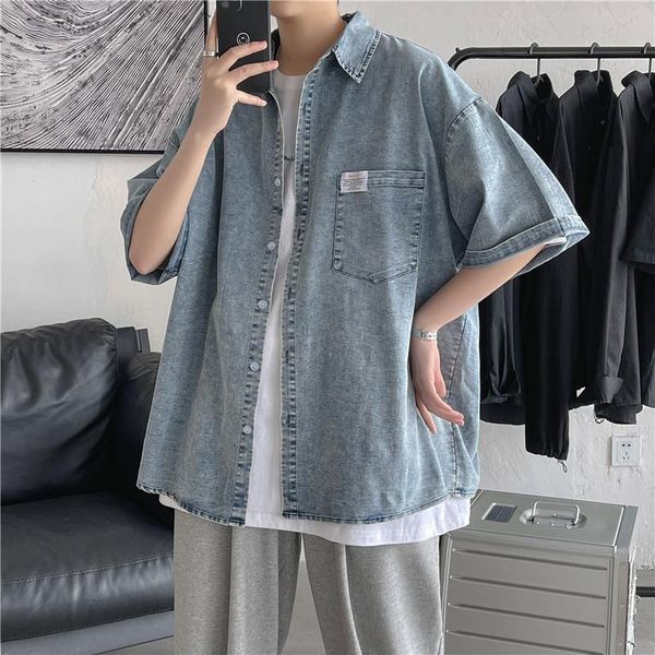 men's casual shirts vintage denim men korean fashion loose short sleeve summer preppy style blue single breasted thin male, White;black
men's casual shirts vintage denim men korean fashion loose short sleeve summer preppy style blue single breasted thin male, White;black