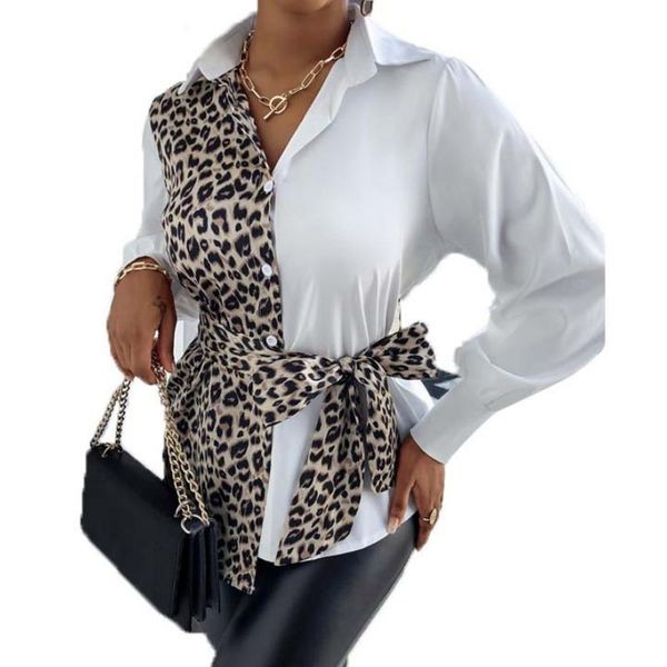 women's blouses & shirts women shirt leopard pattern splicing printing bow waisted long-sleeve lapel neck blouse female clothes, White
women's blouses & shirts women shirt leopard pattern splicing printing bow waisted long-sleeve lapel neck blouse female clothes, White