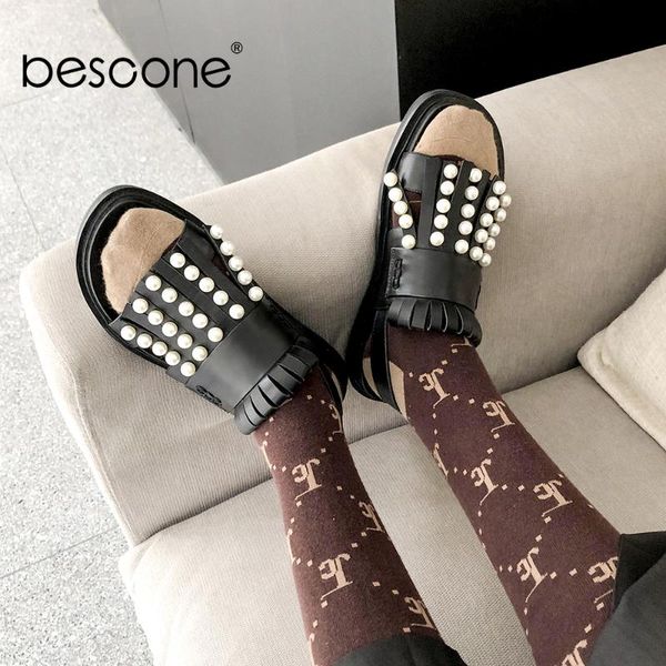 sandals bescone woman preppy tassel pearl decoration genuine leather cassual lady shoes bm810, Black
sandals bescone woman preppy tassel pearl decoration genuine leather cassual lady shoes bm810, Black