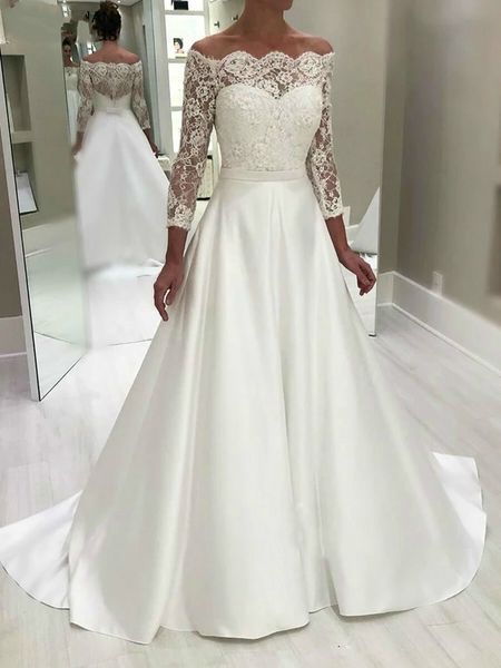 classic satin a line wedding dresses off shoulder long sleeve button back vestido robe de mariee novia bridal gown wedding gowns, White
classic satin a line wedding dresses off shoulder long sleeve button back vestido robe de mariee novia bridal gown wedding gowns, White