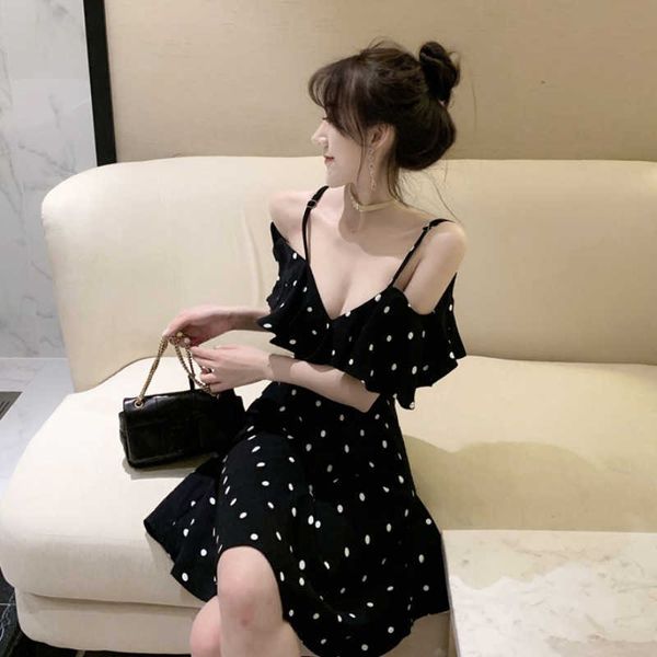 french wave point strap ruffled off-shoulder feminine dress short zippers knee-length regular 210603, Black;gray
french wave point strap ruffled off-shoulder feminine dress short zippers knee-length regular 210603, Black;gray