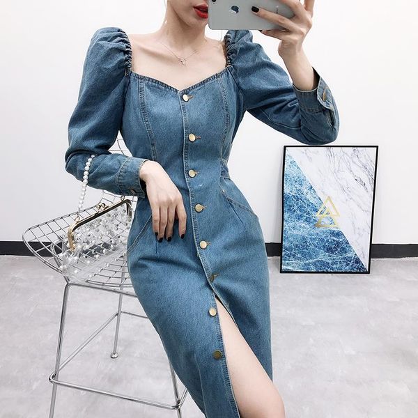 casual dresses spring autumn fashion split denim dress package hip puff sleeve single-breasted women slim v-neck jeans, Black;gray
casual dresses spring autumn fashion split denim dress package hip puff sleeve single-breasted women slim v-neck jeans, Black;gray