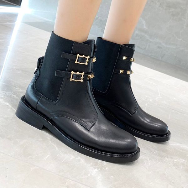 boots flat woman leather elasticated orange low-heeled martin shoes, Black