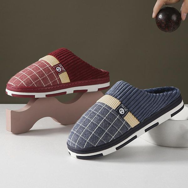 slippers 2021 plaid soft plush closed cotton couple footwear platform flip flops home bedroom slides winter furry shoes big size, Black