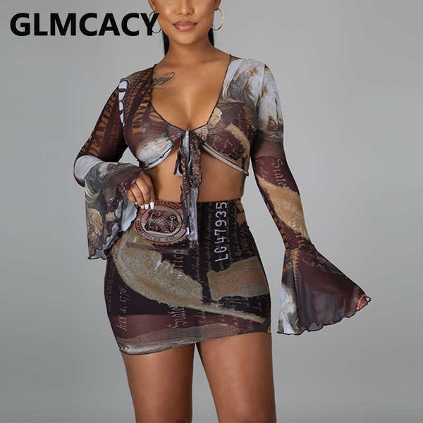 women flare sleeve tie front mesh dress usd printed bodycon party club dresses 210702, White