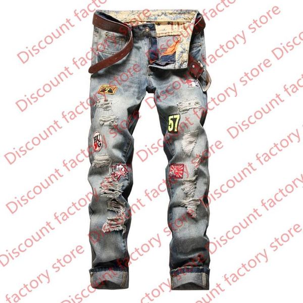 men jean seurope and america straight bowl badge to hole in full length mid patches male zipper jeans, Blue
men jean seurope and america straight bowl badge to hole in full length mid patches male zipper jeans, Blue