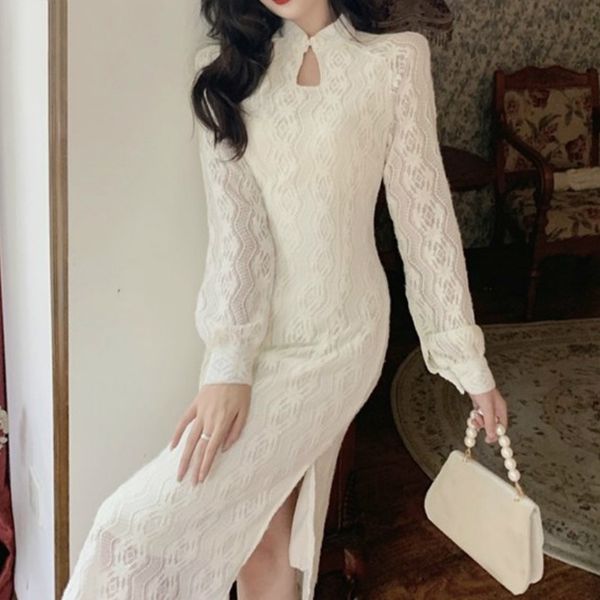 women elegant cheongsam dress chinese style autumn winter new solid sheath button split midi dresses slim chic vestidos, Black;gray
women elegant cheongsam dress chinese style autumn winter new solid sheath button split midi dresses slim chic vestidos, Black;gray