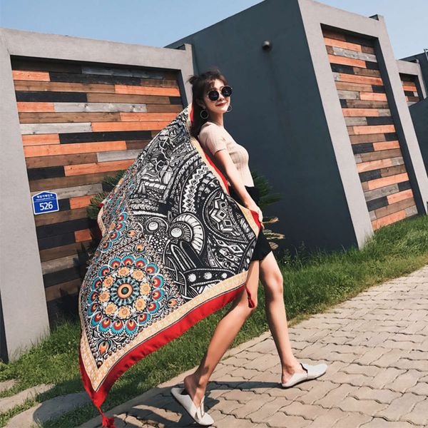 18 summer beach sun protection shawl women's dual use korean version thick ethnic tourism silk scarf, Blue;black
18 summer beach sun protection shawl women's dual use korean version thick ethnic tourism silk scarf, Blue;black