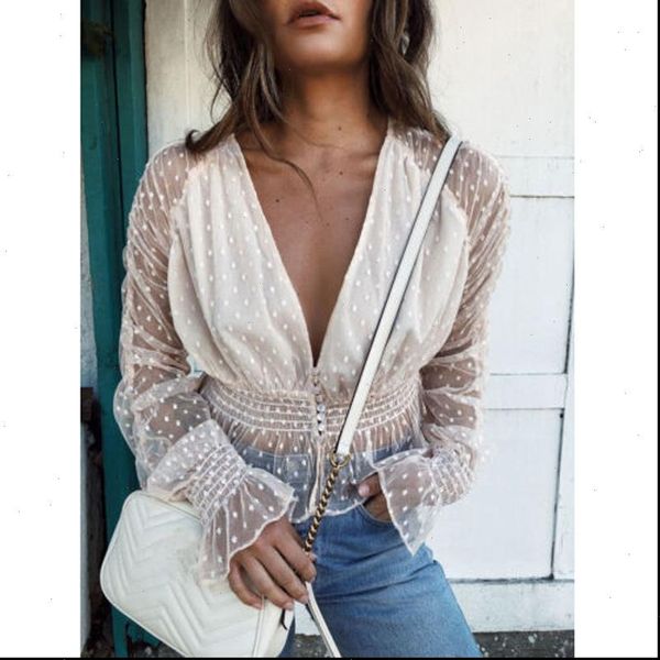 women lace blouses puff long sleeves polka dot ladies casual loose party see through v neck blouse femme, White
women lace blouses puff long sleeves polka dot ladies casual loose party see through v neck blouse femme, White