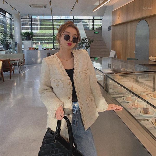 women's jackets 2021 spring autumn tweed jacket korean style office lady coat casual elegant gentle loose female temperament outwear, Black;brown 
women's jackets 2021 spring autumn tweed jacket korean style office lady coat casual elegant gentle loose female temperament outwear, Black;brown