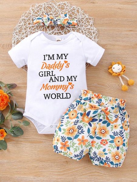 baby girl slogan graphic bodysuit with floral shorts with headband she, White