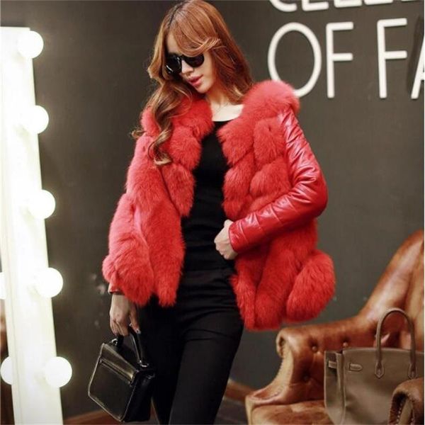 women's fur & faux 2021 winter fashion women luxurious coat elegant ladies jacket overcoat pu sleeve spliced, Black
women's fur & faux 2021 winter fashion women luxurious coat elegant ladies jacket overcoat pu sleeve spliced, Black