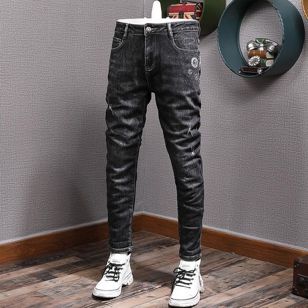 men's jeans european street fashion men black color elastic slim ripped embroidery designer korean style casual denim pants, Blue
men's jeans european street fashion men black color elastic slim ripped embroidery designer korean style casual denim pants, Blue