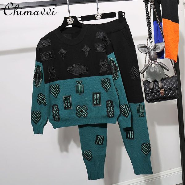 women's two piece pants european fashion knitted set women patchwork embroidery sweater pencil 2pcs outfits female loose casual sports, White
women's two piece pants european fashion knitted set women patchwork embroidery sweater pencil 2pcs outfits female loose casual sports, White