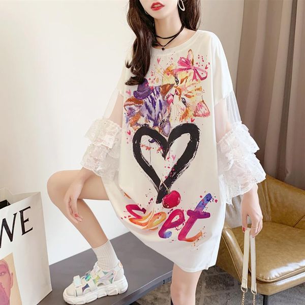 women's t-shirt mid-length short sleeve summer 2021 graffiti lace stitching chiffon shirt oversized, White
women's t-shirt mid-length short sleeve summer 2021 graffiti lace stitching chiffon shirt oversized, White