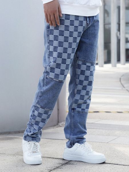 men checker pattern slant pocket jeans i8ee#, Blue