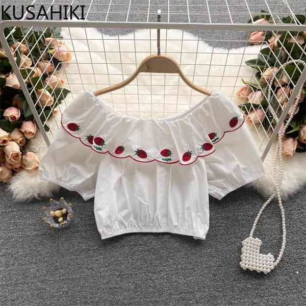 sweet strawberry embroidery ruffle slash neck blouse puff sleeve korean woman shirt summer short blusas 6j313 210603, White
sweet strawberry embroidery ruffle slash neck blouse puff sleeve korean woman shirt summer short blusas 6j313 210603, White