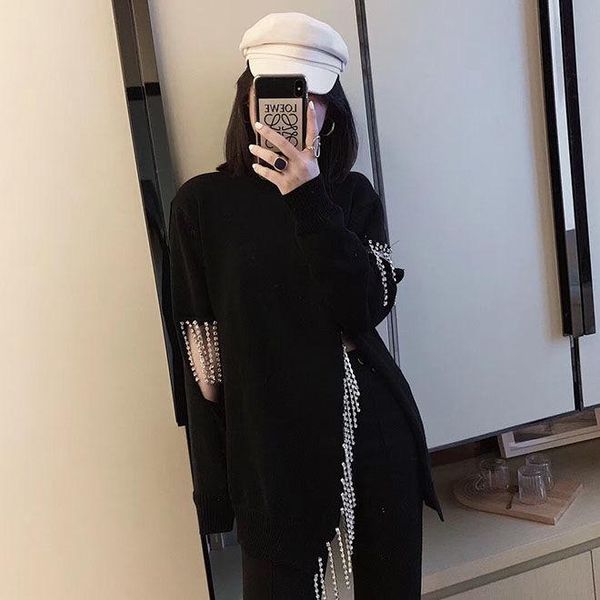 women's sweaters rainstone tassel knitted sweater women loose side split hollow out pullovers fashion long sleeve diamond knitwear, White;black
women's sweaters rainstone tassel knitted sweater women loose side split hollow out pullovers fashion long sleeve diamond knitwear, White;black