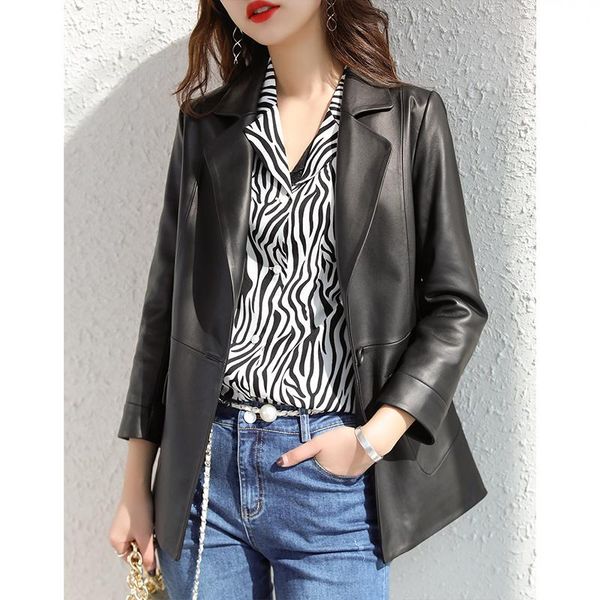 women's leather & faux shzq sheepskin clothes slim fit medium long temperament small suit windbreaker coat 2021 spring and autumn w, Black