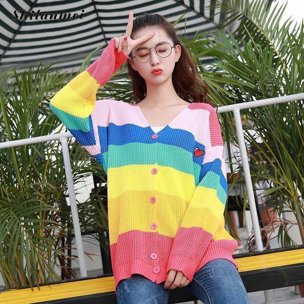 women's sweaters chic rainbow sweater women cardigan stripe autumn v neck knitted causal black letter female pull femme, White;black
women's sweaters chic rainbow sweater women cardigan stripe autumn v neck knitted causal black letter female pull femme, White;black