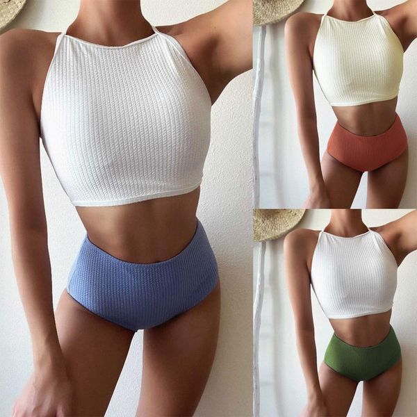 women's swimwear women’s solid color 2pcs bikini suit, sleeveless backless bandage high neck halter with triangle bottoms, White;black
women's swimwear women’s solid color 2pcs bikini suit, sleeveless backless bandage high neck halter with triangle bottoms, White;black
