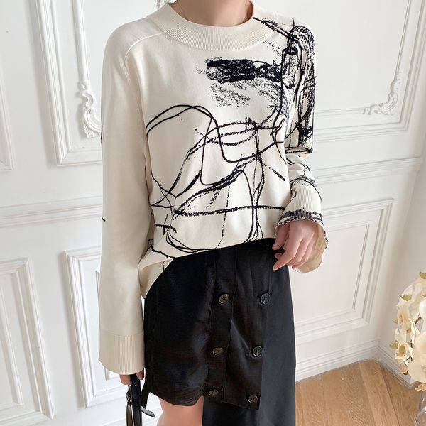 2021 autumn and winter new white fashionable graffiti ink printing knit pullover round neck sweater women hmud, White;black
2021 autumn and winter new white fashionable graffiti ink printing knit pullover round neck sweater women hmud, White;black
