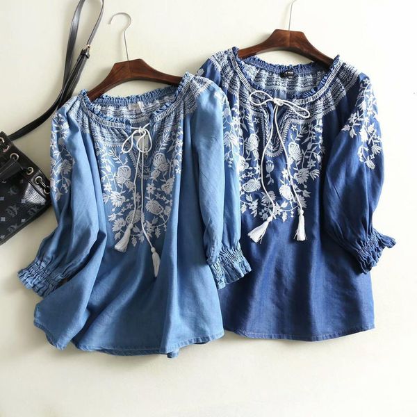 2021 new fashion spring casual denim shirt women v neck tassel loose boho ethnic vintage embroidery blouse blusa feminina, White
2021 new fashion spring casual denim shirt women v neck tassel loose boho ethnic vintage embroidery blouse blusa feminina, White