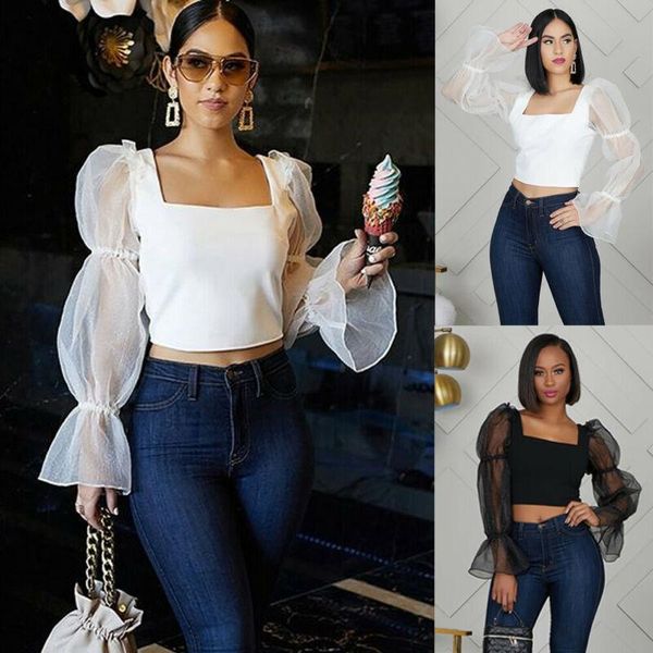 women's t-shirt fashion women mesh puff long sleeve square neck evening party pullover t shirts, White
women's t-shirt fashion women mesh puff long sleeve square neck evening party pullover t shirts, White