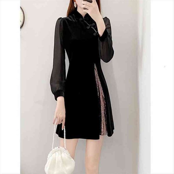 chinese style girls velvet cheongsam womens dresses autumn winter long sleeve mesh splicing mandarin collar black for women, Black;gray
chinese style girls velvet cheongsam womens dresses autumn winter long sleeve mesh splicing mandarin collar black for women, Black;gray