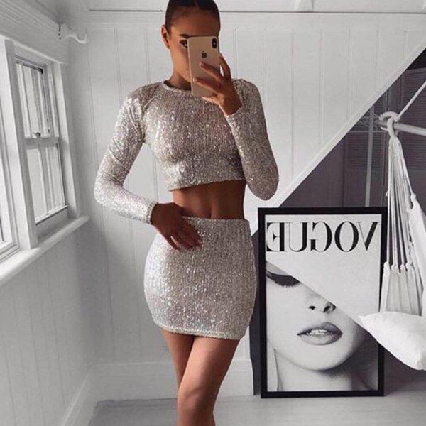 two piece dress sequin suit sparkling long-sleeved and short skirt peice set, White
two piece dress sequin suit sparkling long-sleeved and short skirt peice set, White