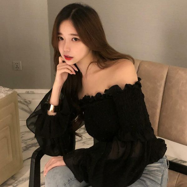 women ruffles slash neck long sleeve off shoulder stretchy chiffon shirts tee girls solid blouses shirts for female, White
women ruffles slash neck long sleeve off shoulder stretchy chiffon shirts tee girls solid blouses shirts for female, White