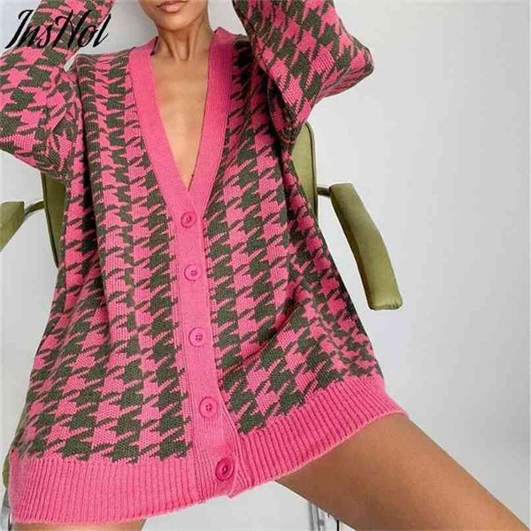 women v neck knitted cardigans sweater pink houndstooth knit cardigan long sleeve fashion autumn oversized jumper 210914, White;black
women v neck knitted cardigans sweater pink houndstooth knit cardigan long sleeve fashion autumn oversized jumper 210914, White;black