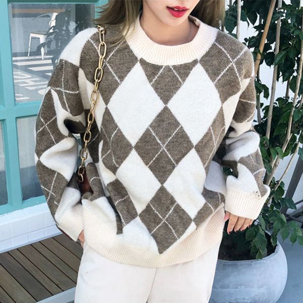 women's knits & tees korean winter knitted women sweater pullover hit color argyle plaid loose pull femme elegant vintage thicken, White
women's knits & tees korean winter knitted women sweater pullover hit color argyle plaid loose pull femme elegant vintage thicken, White